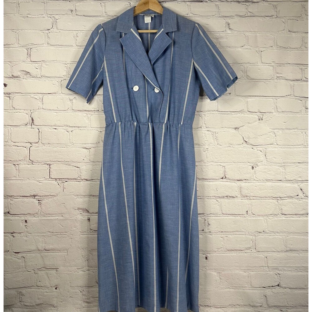 Malouf Women’s 12 Vintage Dress Midi A Line Shirt Stripe Pleated Button 80s Mom